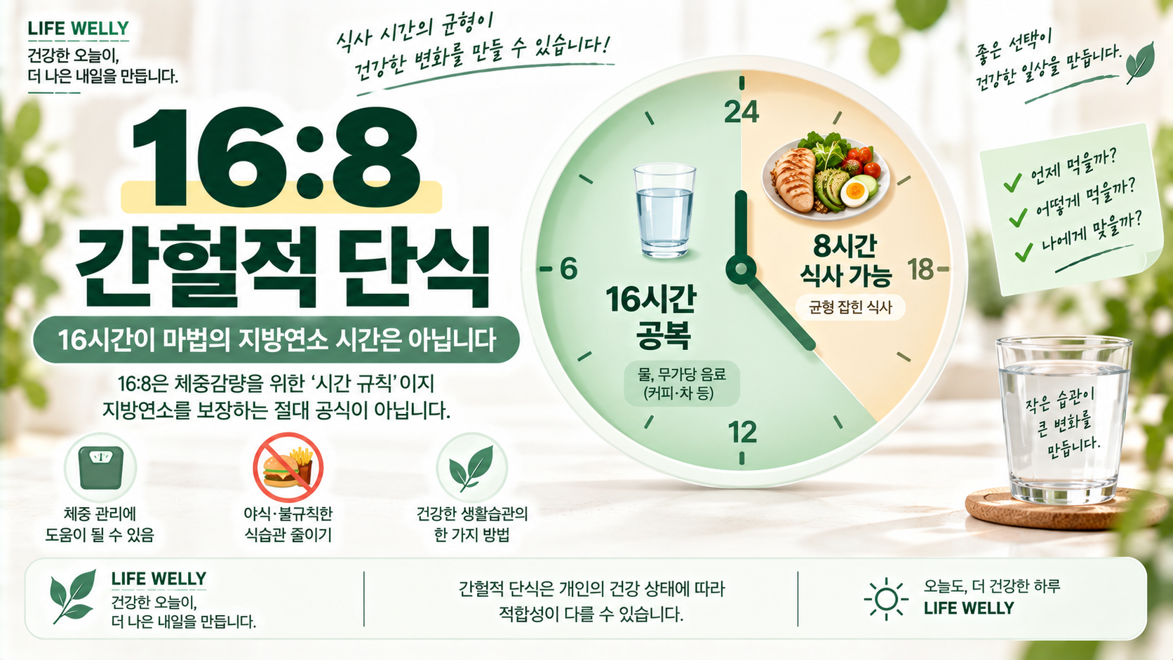간헐적 단식 방법 16대8 공복 시간과 식사 시간을 설명한 이미지