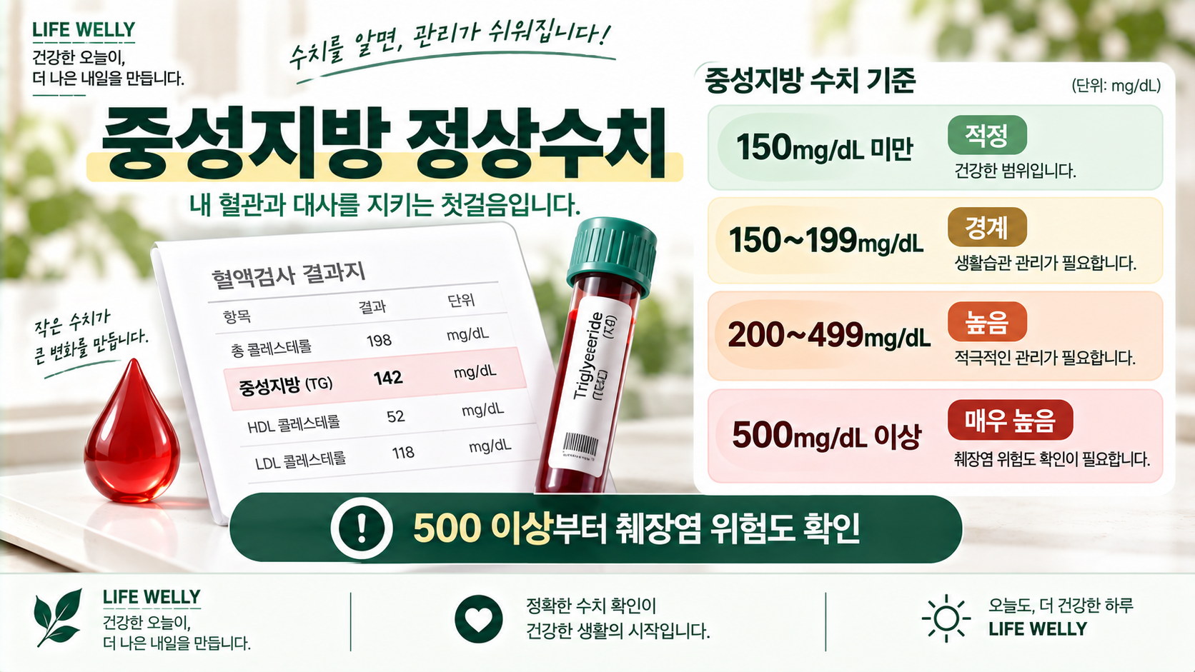 중성지방 정상수치 150 200 500mg/dL 기준을 설명한 LIFE WELLY 건강정보