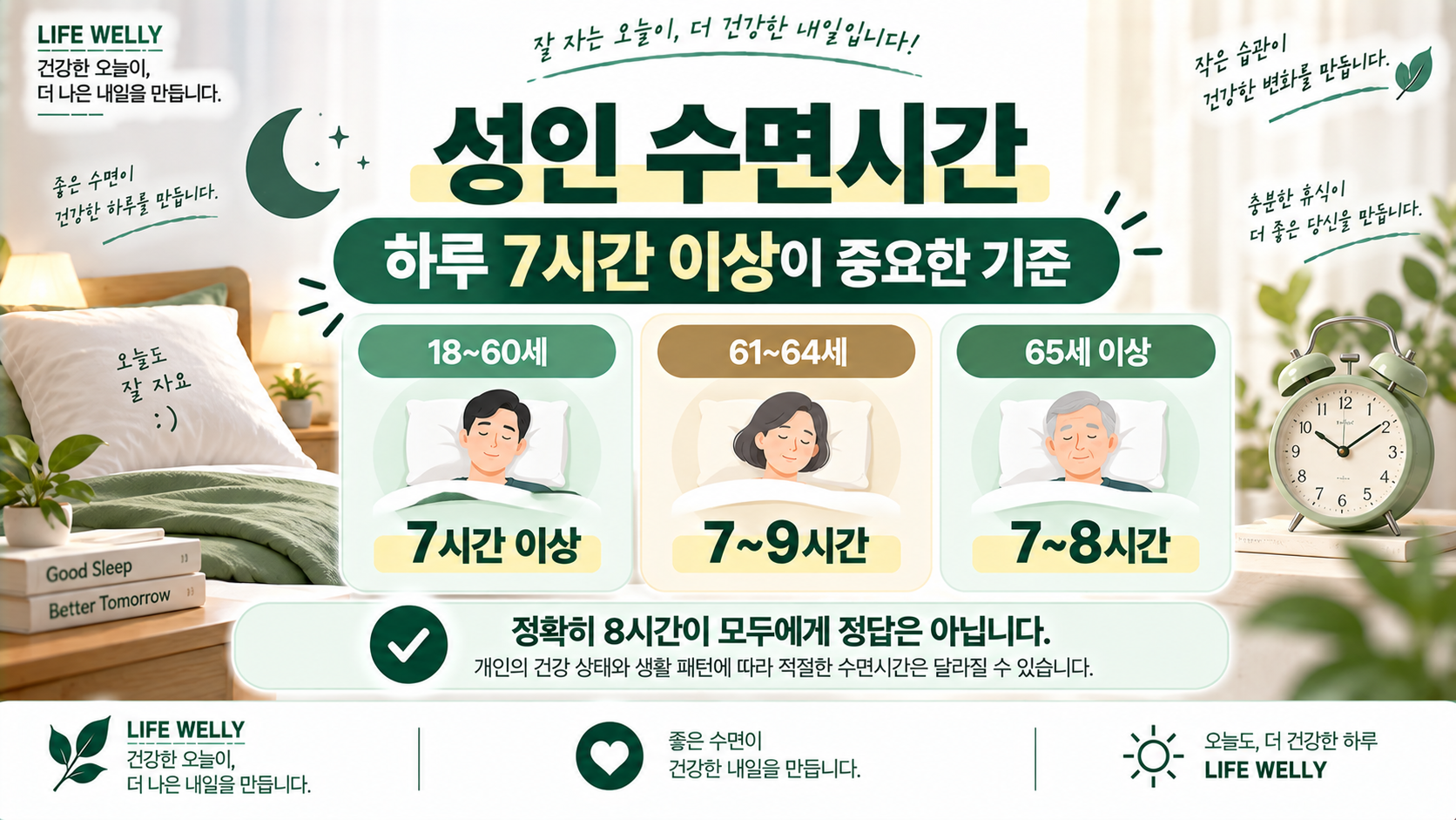 성인 수면시간 연령별 하루 7시간 이상 권장 기준을 설명한 LIFE WELLY 건강정보