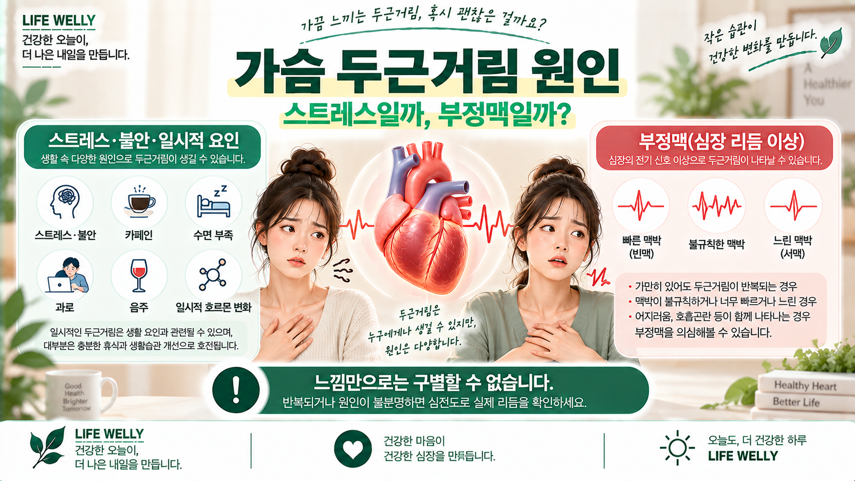 가슴 두근거림 원인 스트레스 불안 카페인 수면 부족과 부정맥 차이를 설명한 이미지
