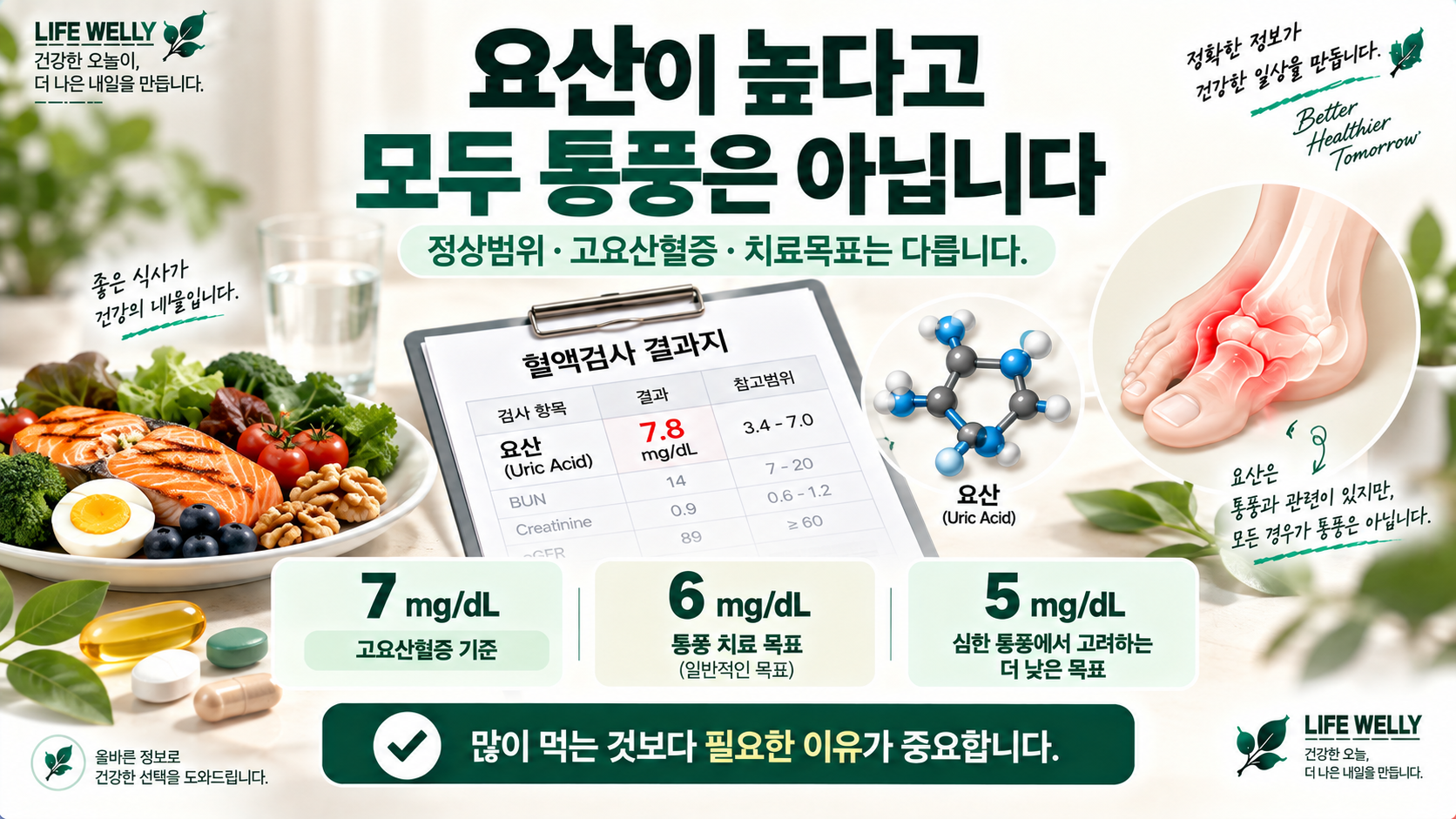 요산 정상수치와 고요산혈증 통풍 치료 목표 7 6 5mg/dL 차이