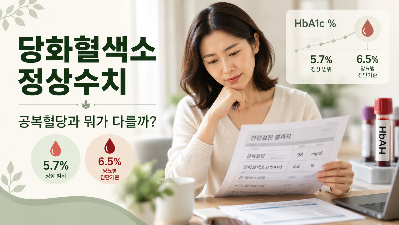 당화혈색소 정상수치와 공복혈당 차이를 설명하는 건강정보 이미지