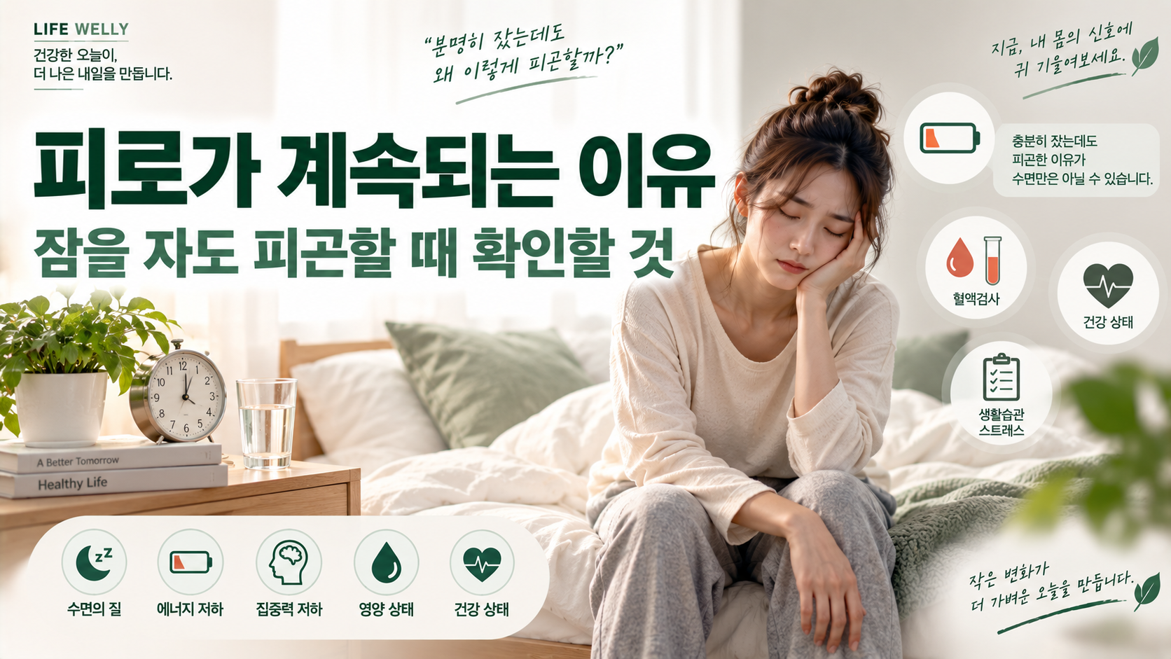 피로가 계속되는 이유와 잠을 자도 피곤할 때 확인할 원인을 설명하는 LIFE WELLY 대표 이미지