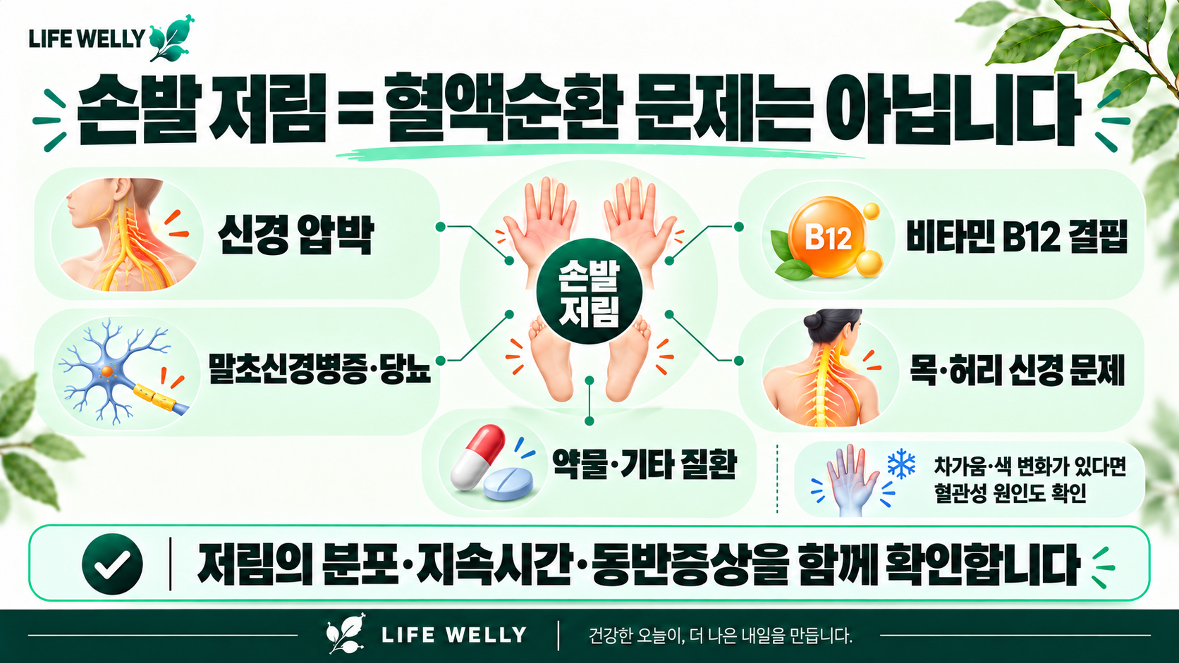 손발 저림 원인 신경 압박 비타민 B12 결핍 말초신경병증 당뇨 목 허리 신경 문제