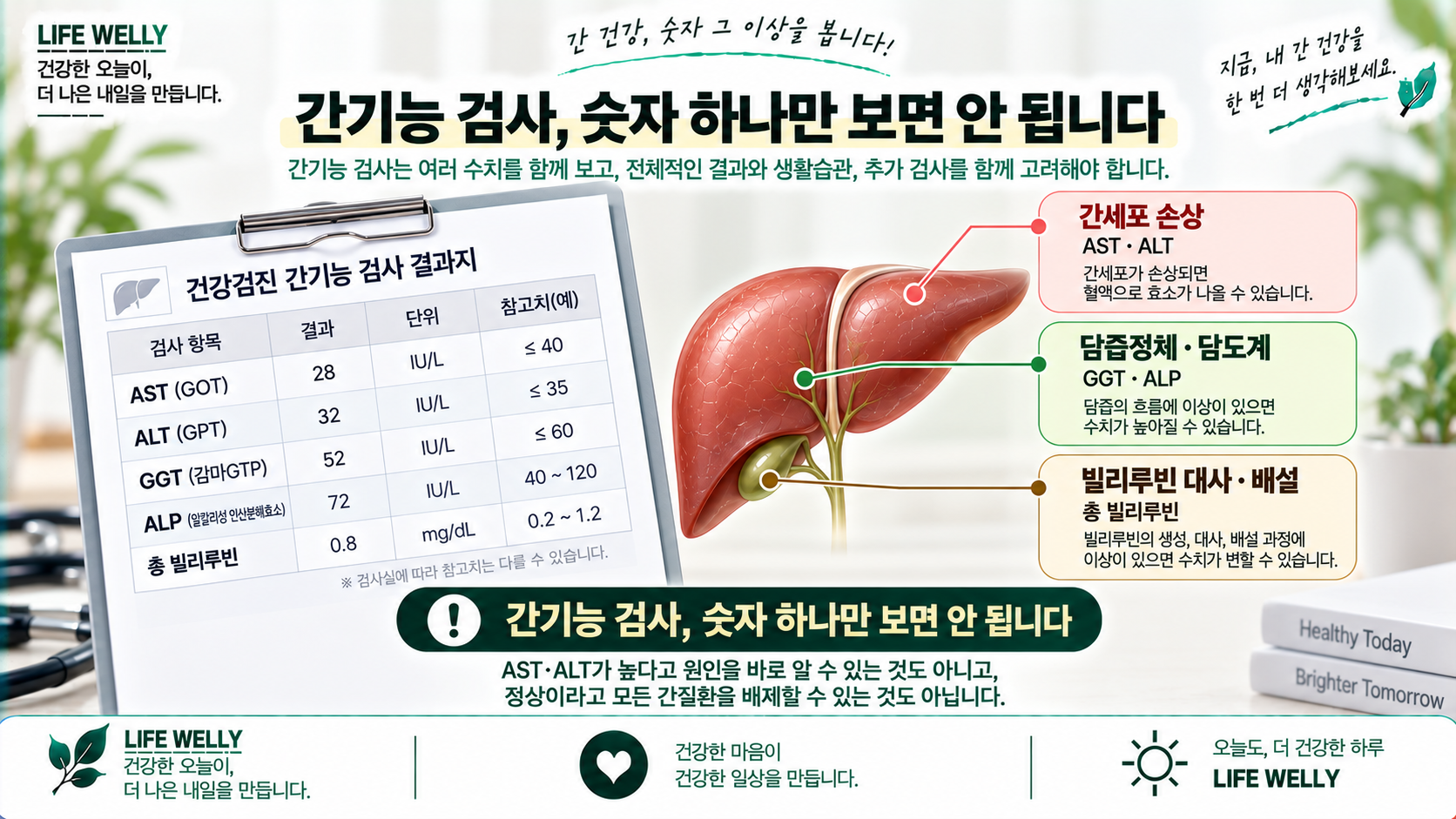 간기능 검사 수치 AST·ALT·감마GTP·ALP·빌리루빈 해석을 설명한 LIFE WELLY 건강정보