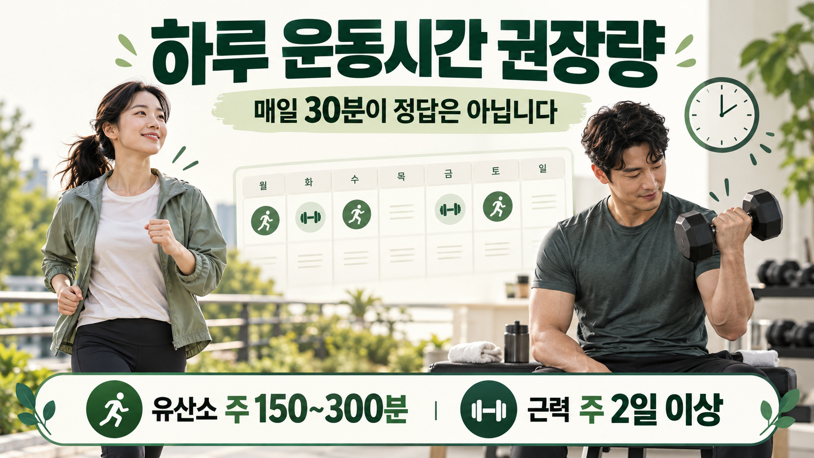 하루 운동시간 권장량 유산소 주 150~300분 근력운동 주 2일 이상
