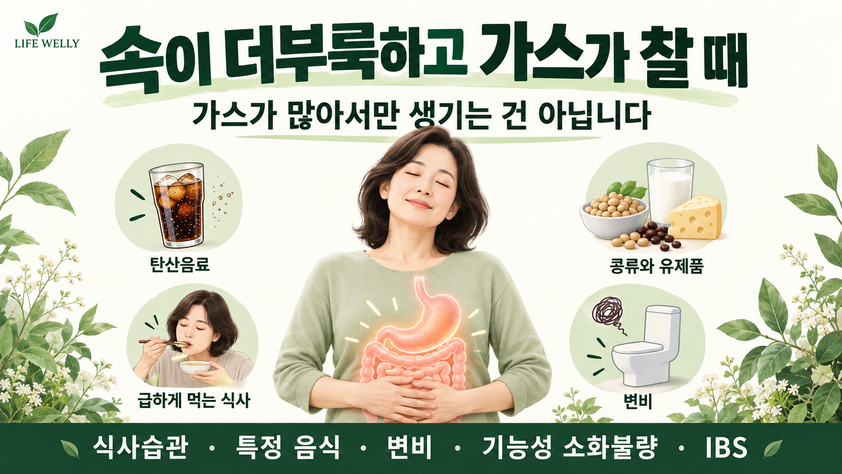 속이 더부룩하고 가스가 찰 때 식사습관 특정 음식 변비 기능성 소화불량 과민성장증후군 원인